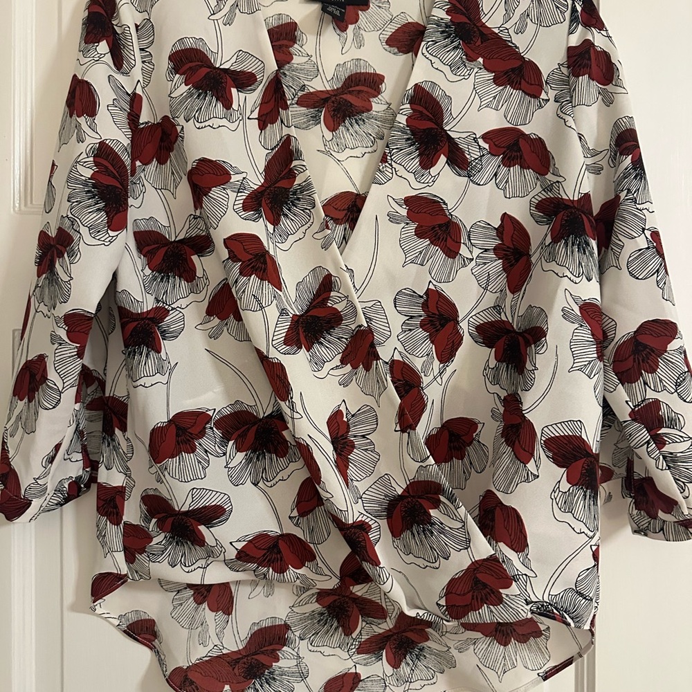 Alfani Ivory Wrap Blouse with Red Floral Print